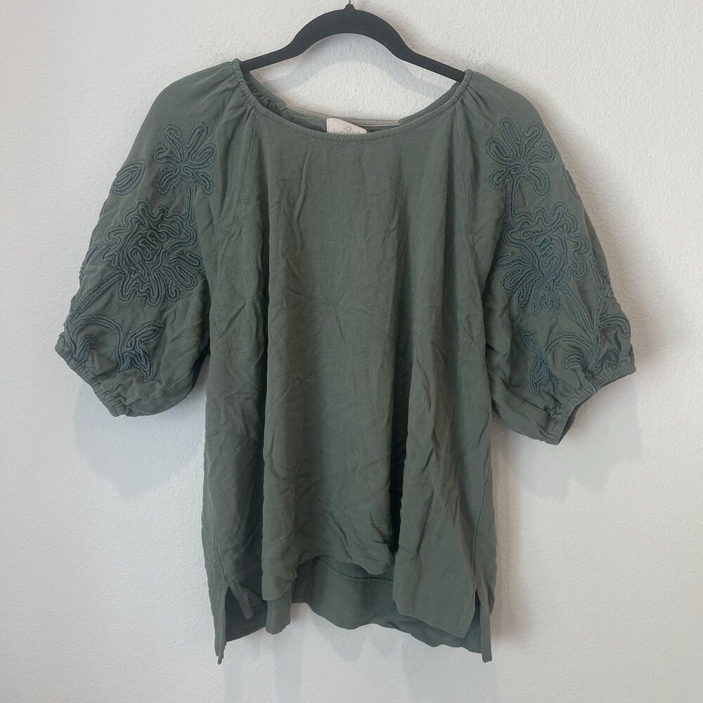 Umgee Green Floral Embroidered Balloon Sleeve Tunic Blouse Linen Cotton L
